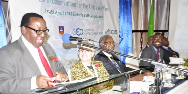 The Zimbabwean Minister of Policy Coordination and Promotion of Socio-Economic Ventures in the Office of the President, Mr. Simon Khaya Moyo, who officially opened the inaugural AfriGEOSS Symposium in Victoria Falls where MESA provided three presentations.